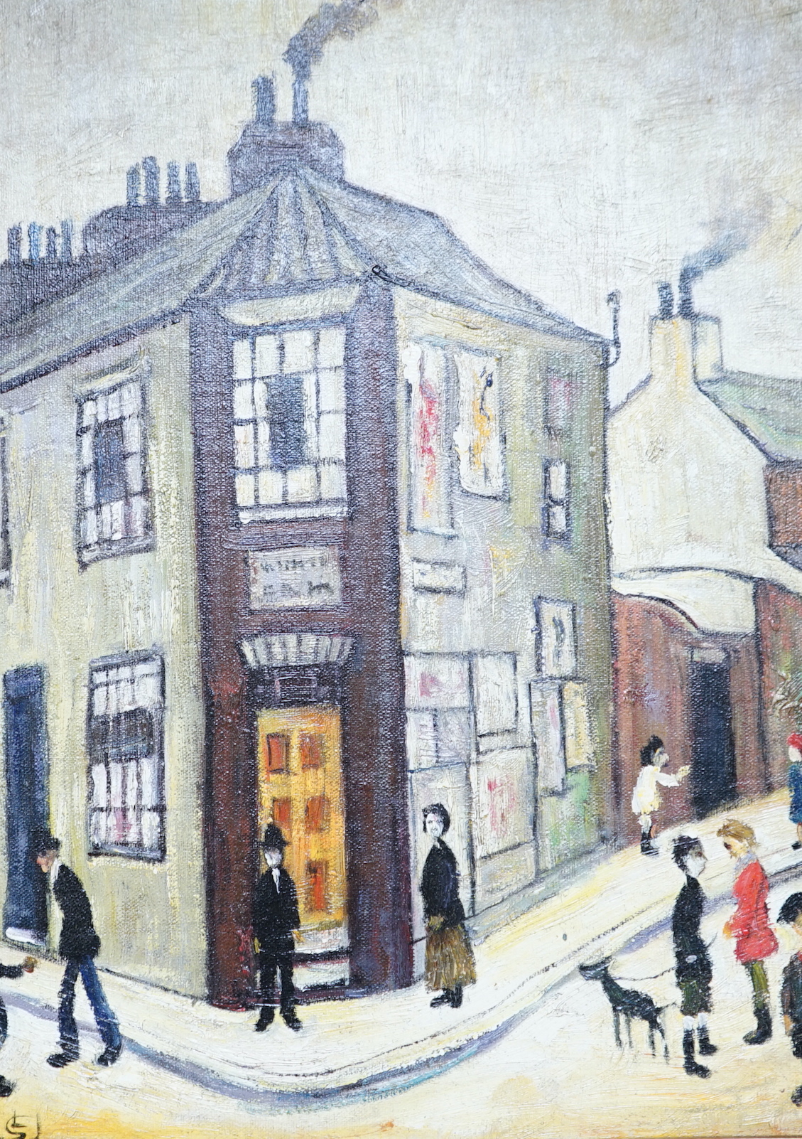 Manner of Laurence Stephen Lowry RBA RA (1887-1976) oil on board, Northern street scene with figures, 41 x 30cm, ornate gilt framed